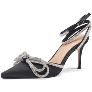 Ankle Strap Rhinestone Bowknot Stilettos Satin Pumps